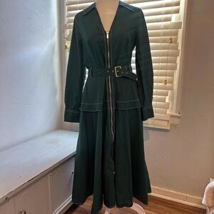 Anthropologie Dark Green Long-Sleeve Belted Zip-Front Dress